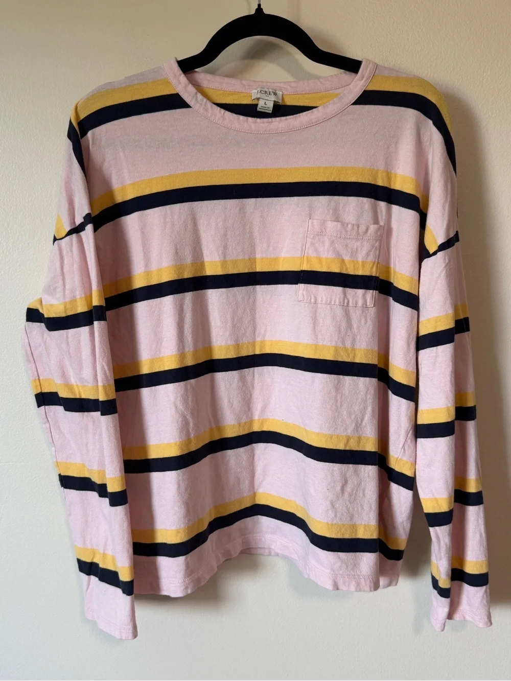J Crew 100% cotton navy pink yellow long sleeve boxy shirt size large colorful